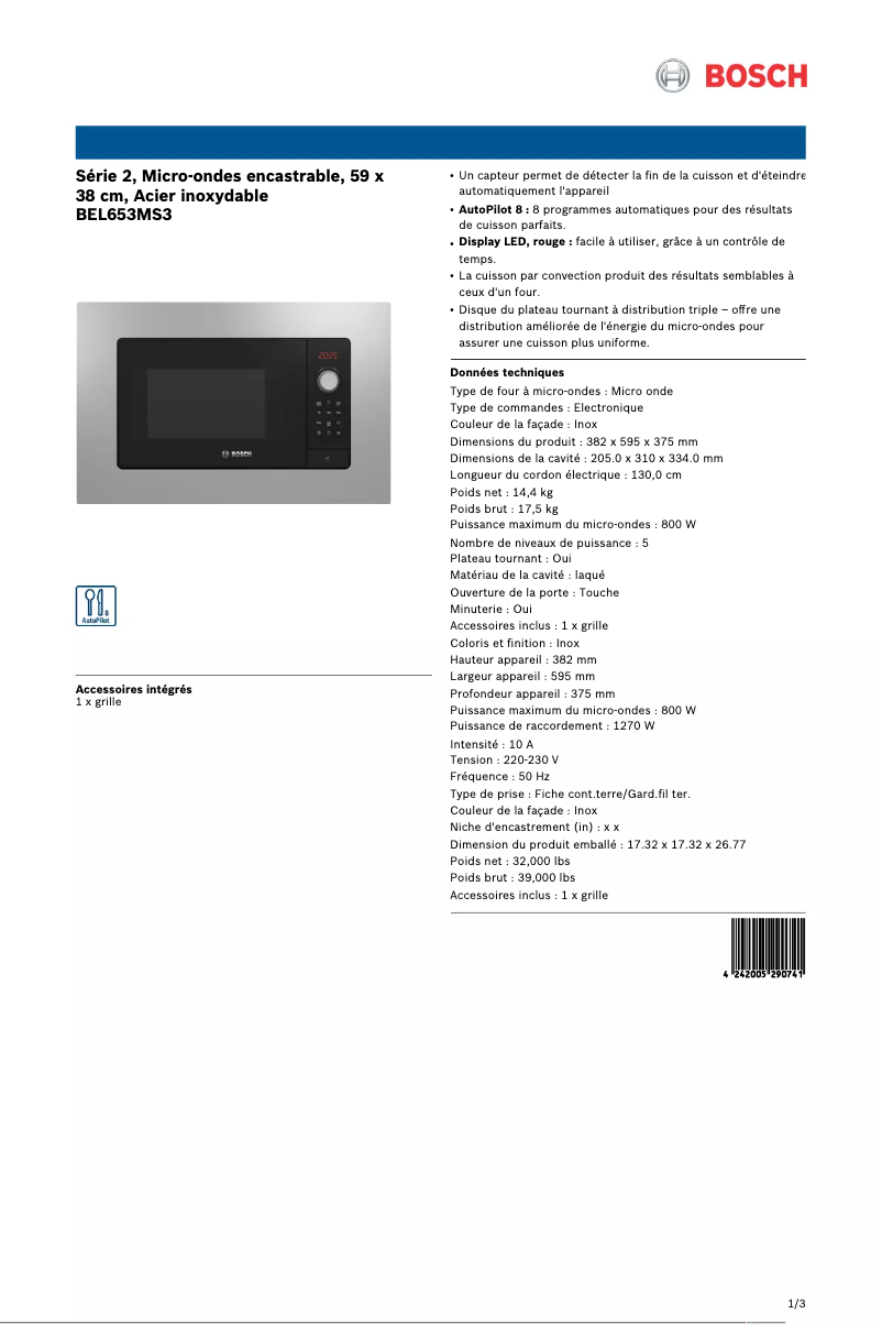 Page 1 de la notice Fiche technique Bosch BEL653MS3