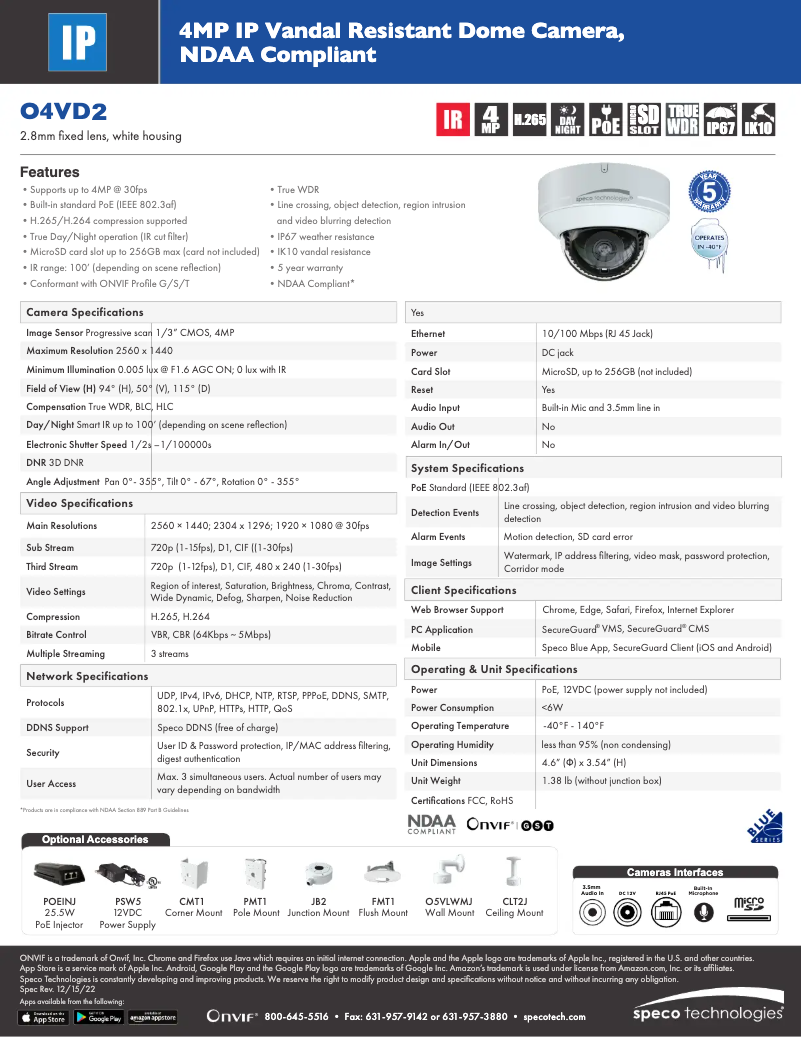 Page 1 de la notice Fiche technique Speco Technologies O4VD2