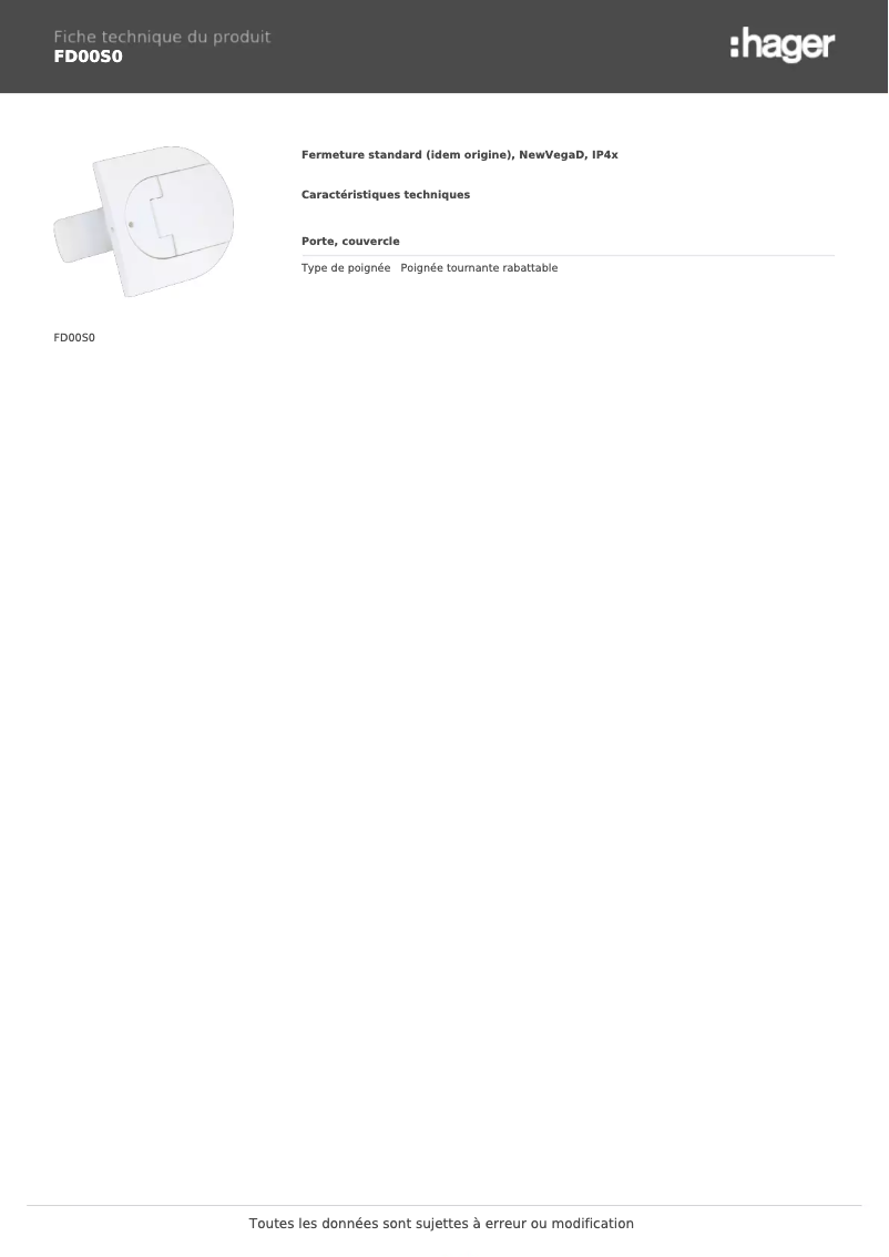 Page n°1 - Fiche technique Hager FD00S0