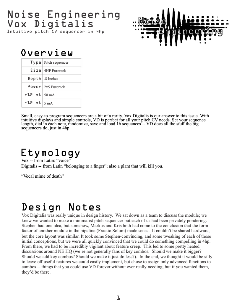 Page 1 de la notice Manuel utilisateur Noise Engineering Vox Digitalis