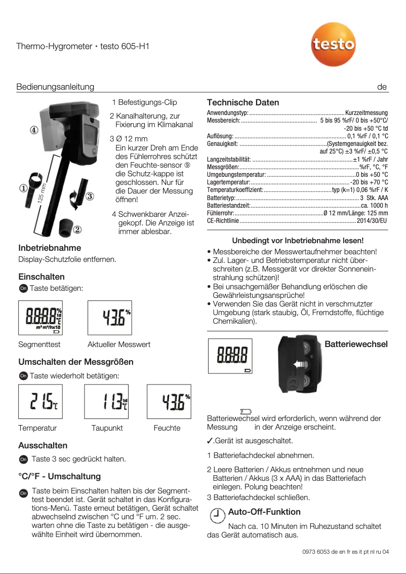 Page 1 de la notice Manuel utilisateur Testo 605-H1