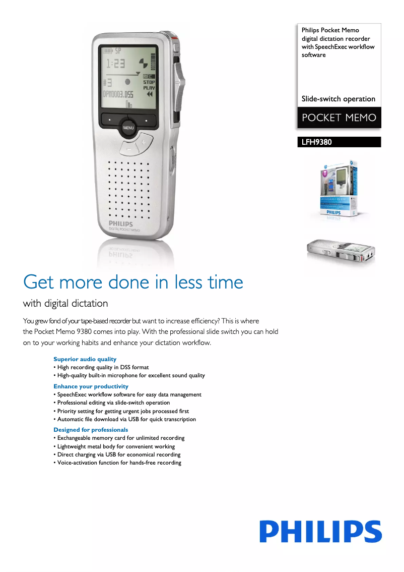 Page 1 de la notice Brochure Philips Pocket Memo LFH9380