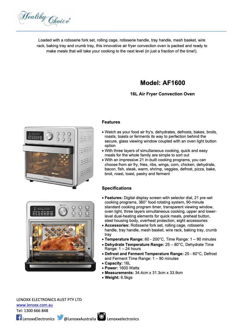 Page 1 de la notice Manuel utilisateur Lenoxx Healthy Choice AF1600