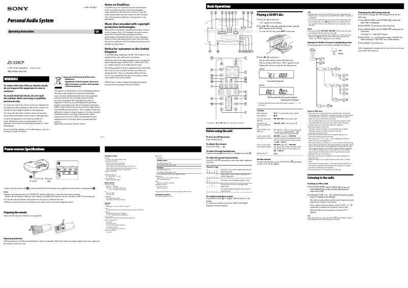 Page 1 de la notice Manuel utilisateur Sony ZS-S50CP