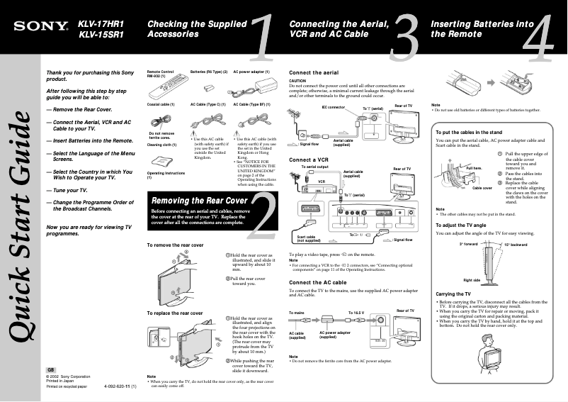 Page 1 de la notice Guide d'installation Sony KLV-17HR1