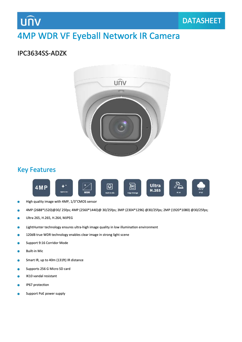 Page n°1 - Fiche technique UniView IPC3634SS-ADZK