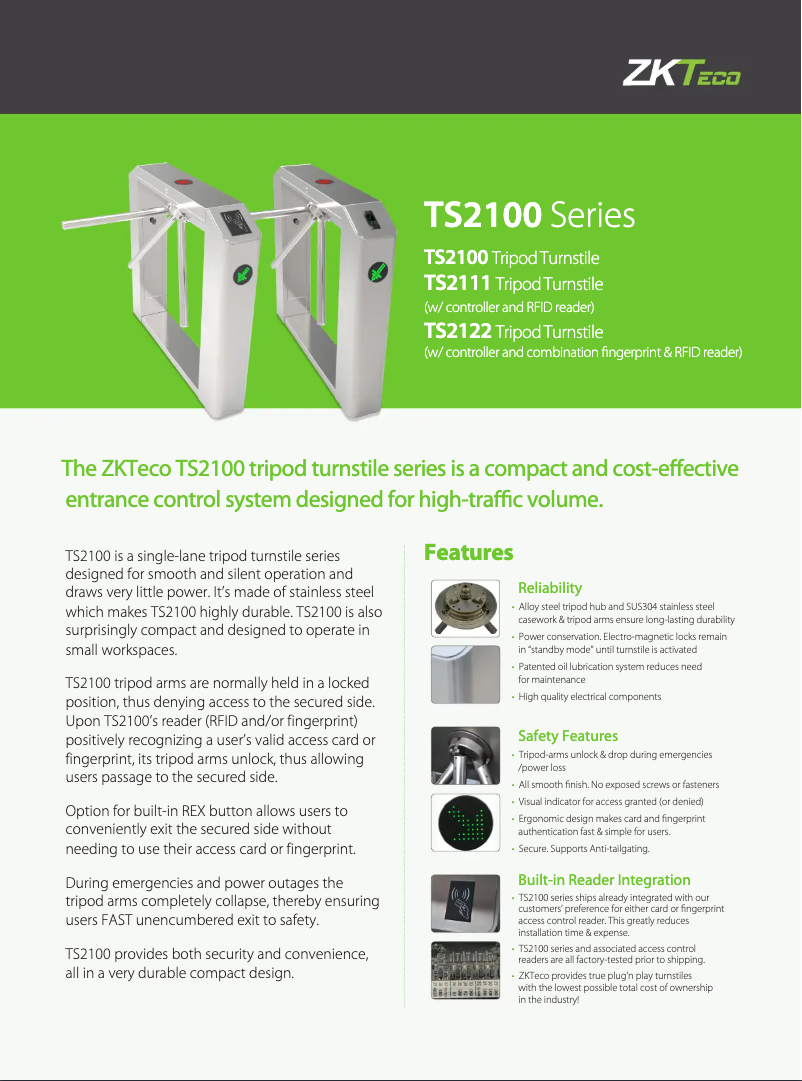 Page 1 de la notice Fiche technique ZKTeco TS2100