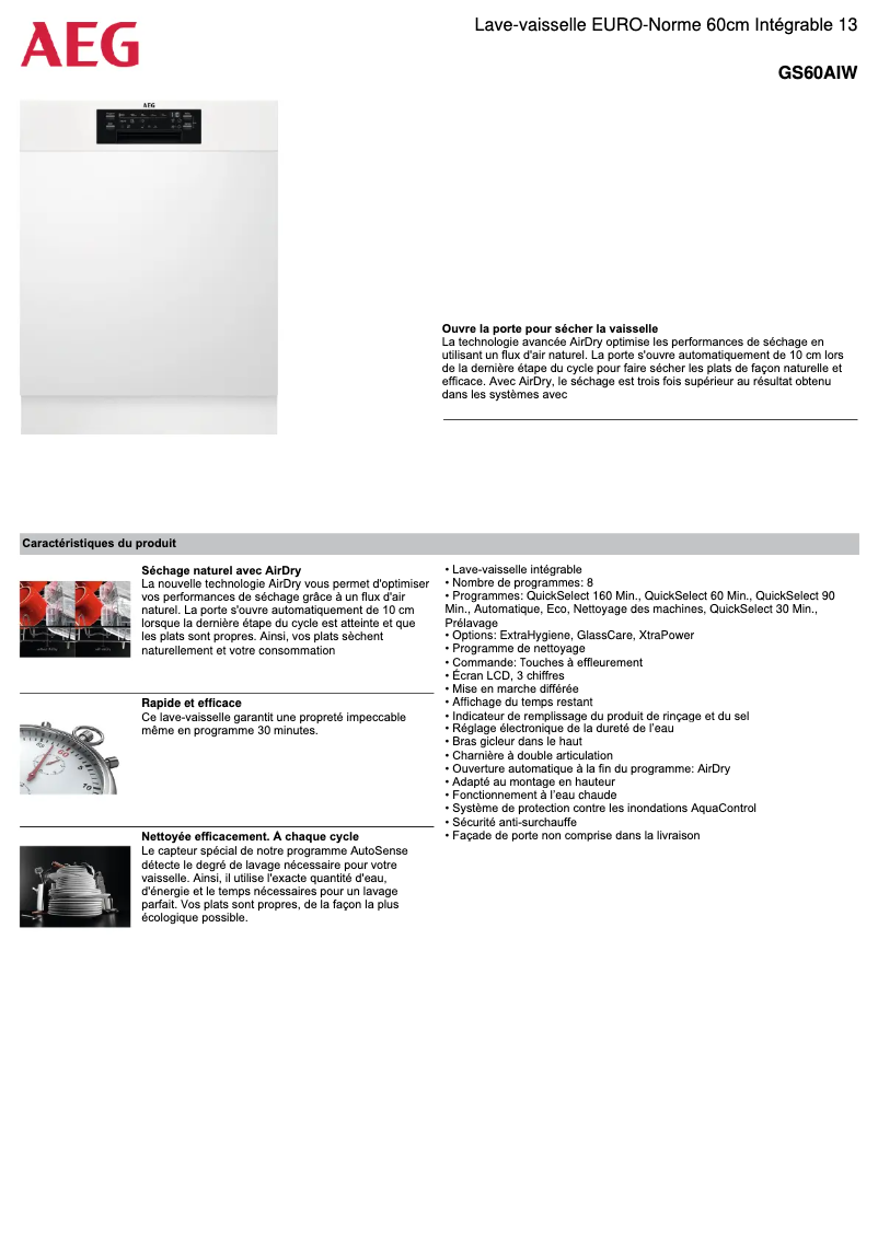 Page 1 de la notice Fiche technique AEG GS60AIW