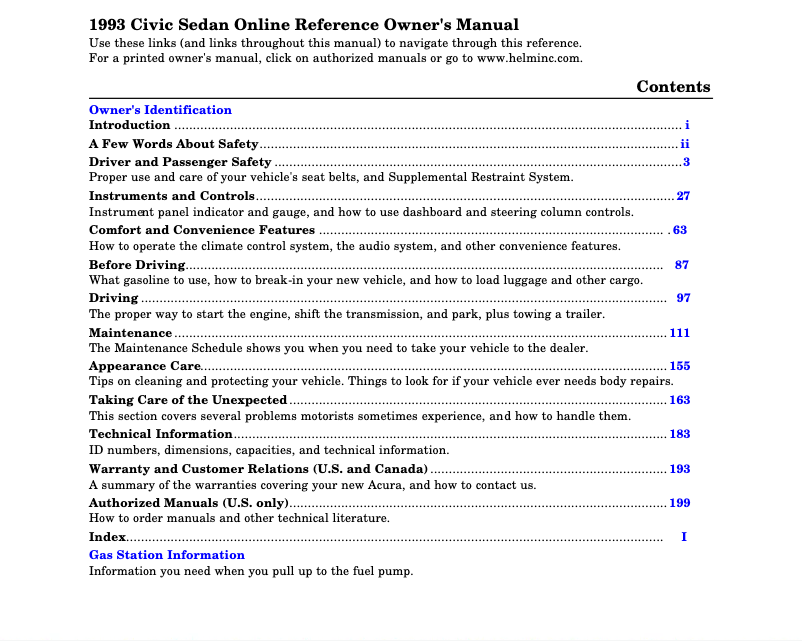 Image de la première page du manuel de l'appareil Civic Sedan (1993)