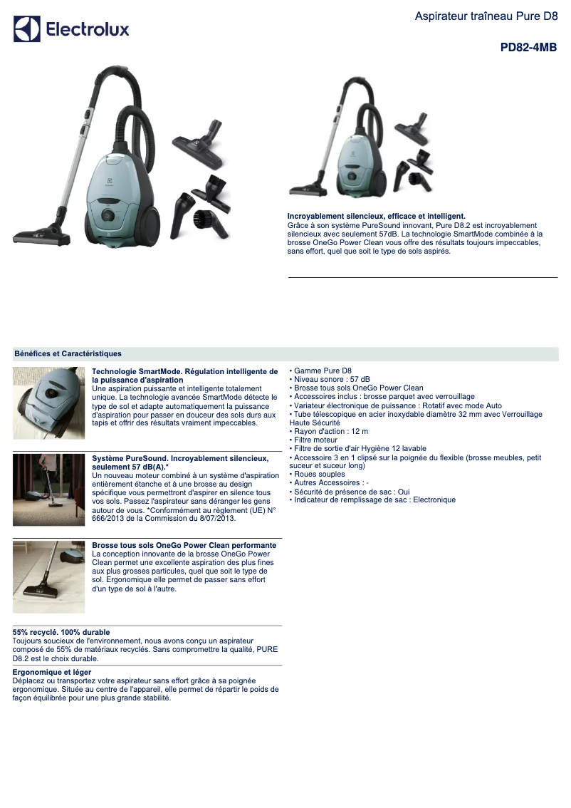 Page 1 de la notice Fiche technique Electrolux Pure D8 PD82-4MB