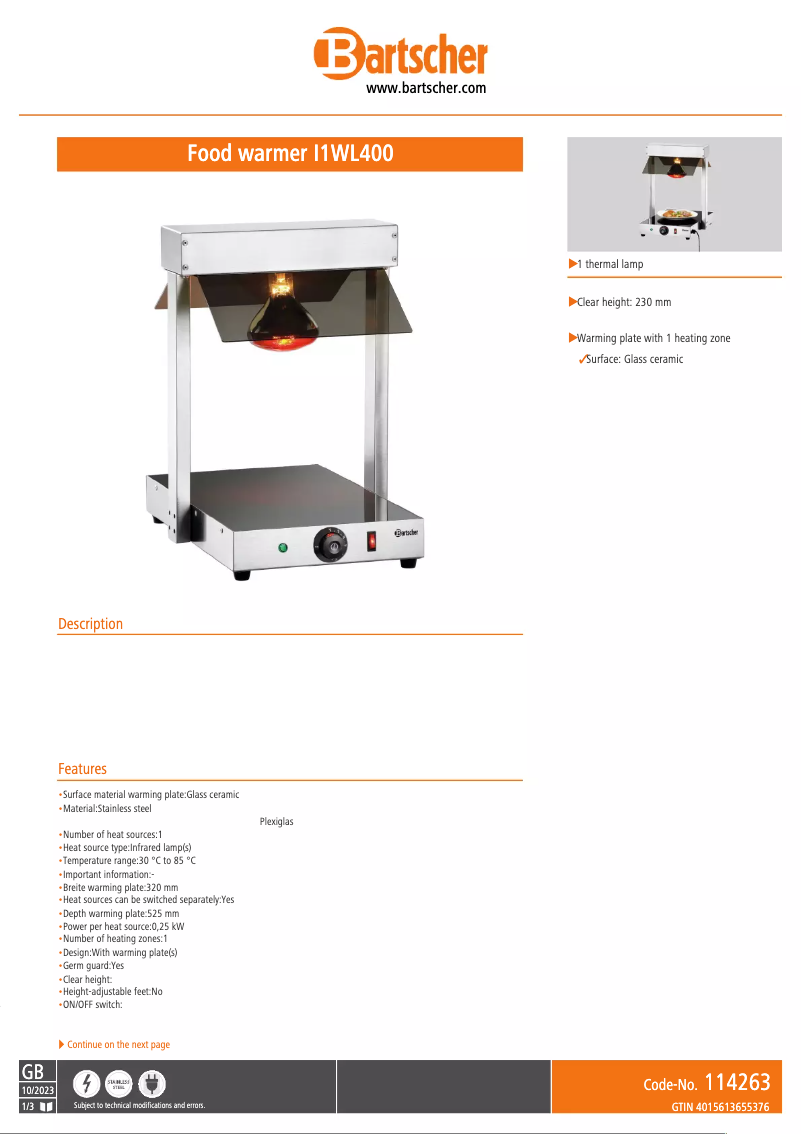 Page n°1 - Fiche technique Bartscher I1WL400