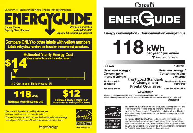 Page n°1 - Label énergétique Whirlpool WFW3090JW