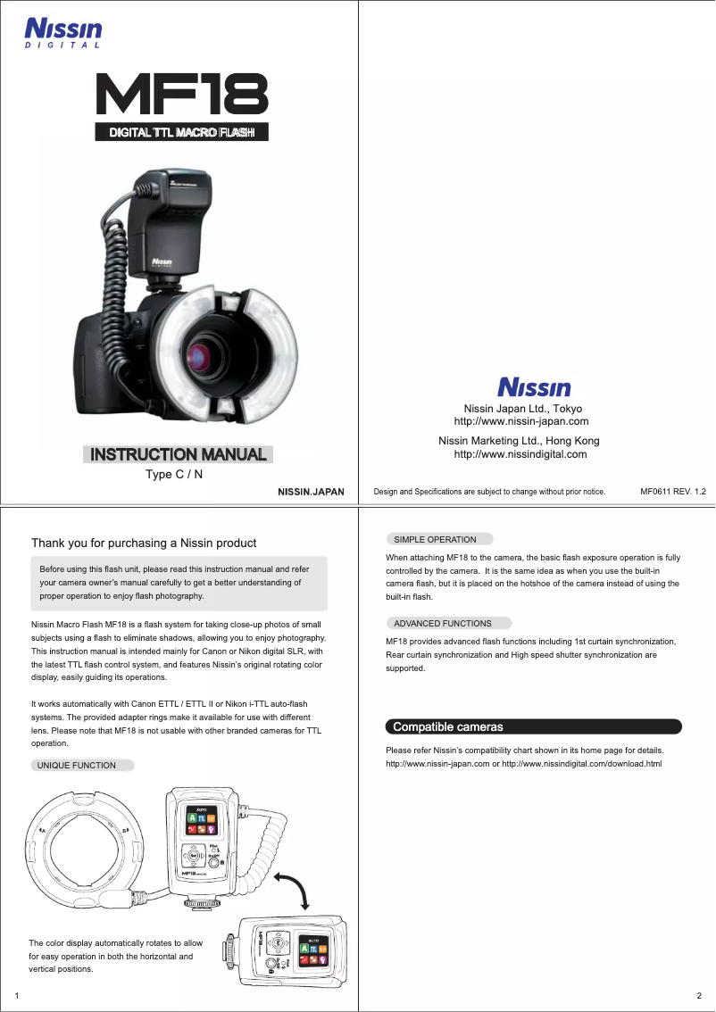 Page n°1 - Manuel utilisateur Nissin MF18 Macro Ring