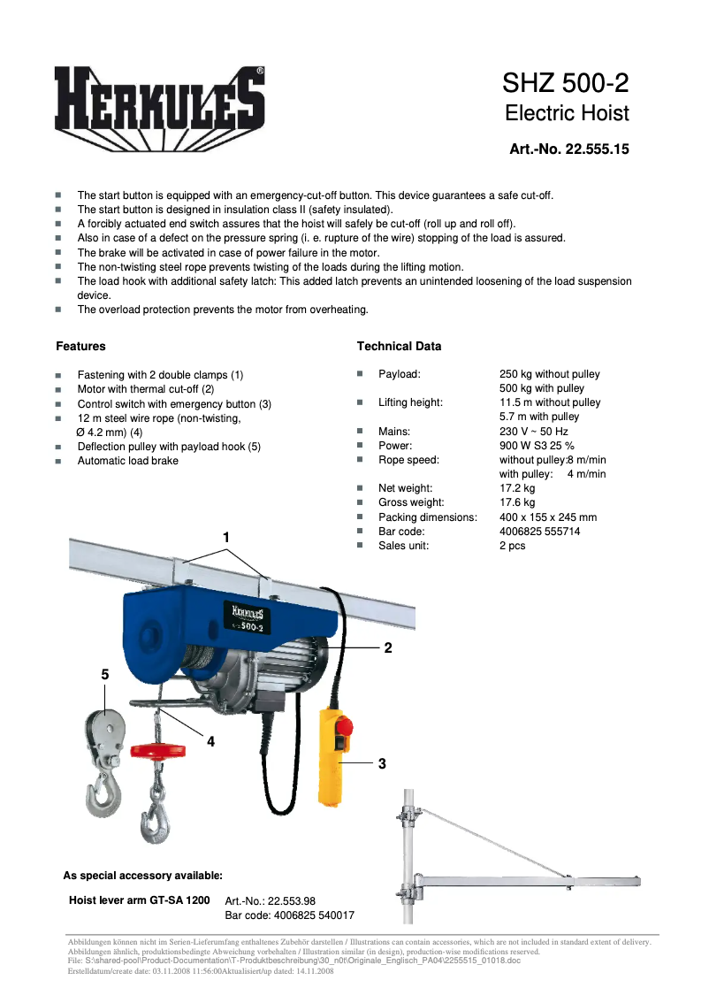 Page n°1 - Fiche technique Herkules SHZ 500-2