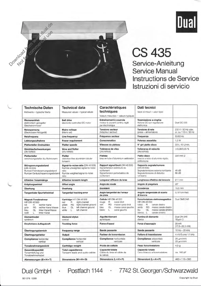 Page n°1 - Manuel utilisateur Dual CS 435