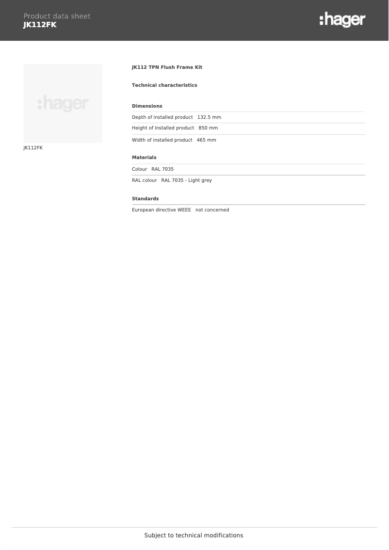 Page n°1 - Fiche technique Hager JK112FK