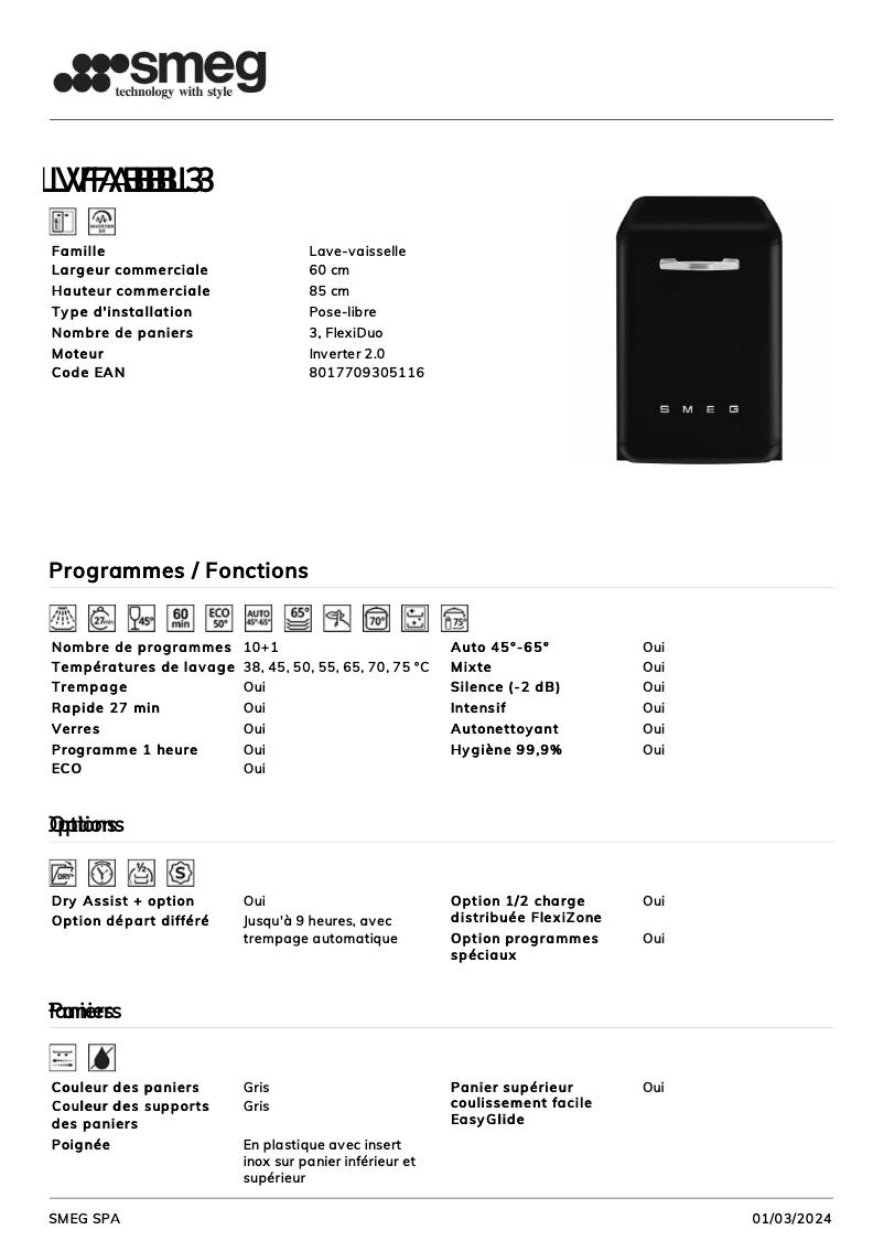 Page 1 de la notice Fiche technique Smeg LVFABBL3