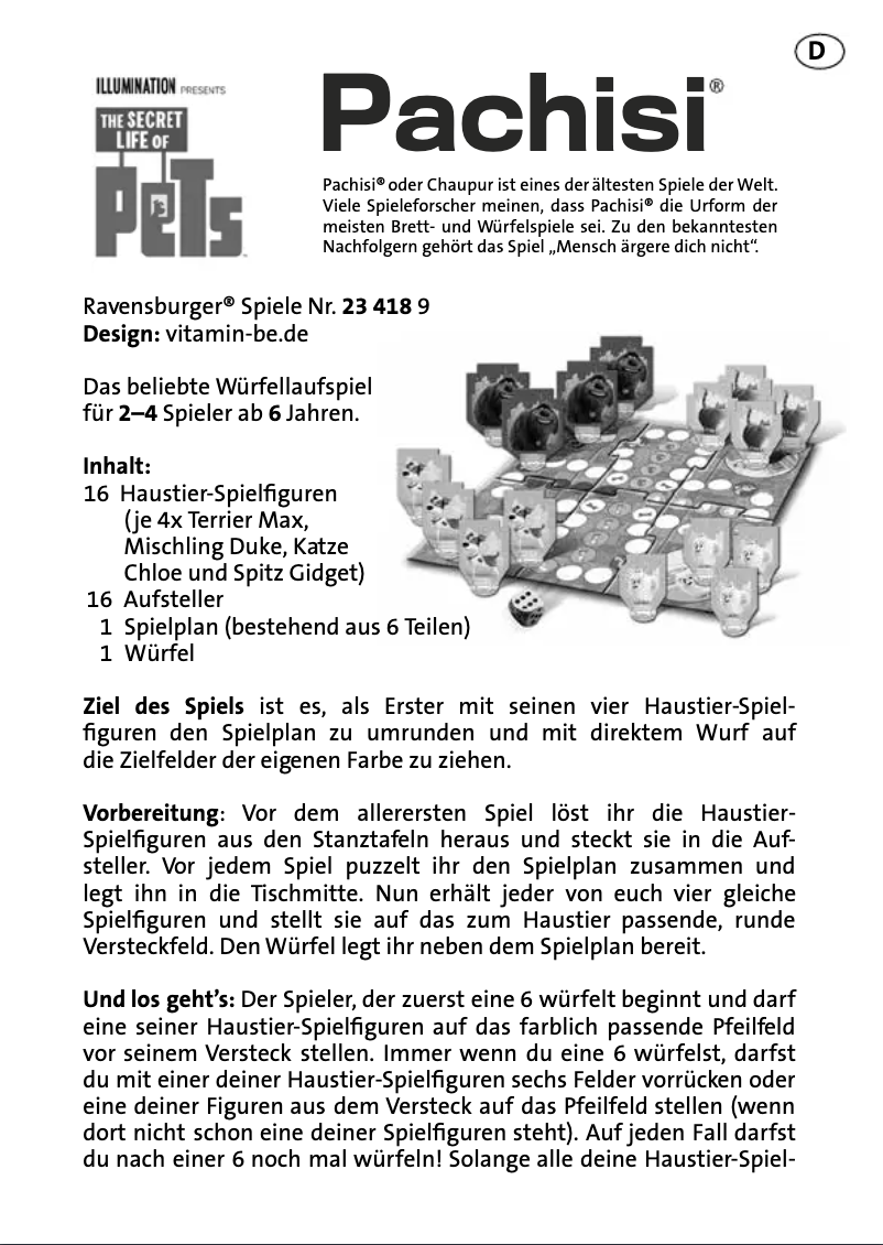 Page 1 de la notice Manuel utilisateur Ravensburger The Secret Life of Pets Pachisi