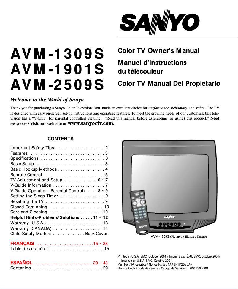 Page 1 de la notice Manuel utilisateur Sanyo AVM2509S