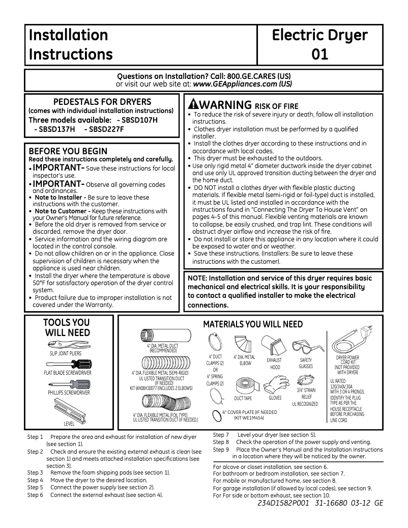 Page 1 de la notice Guide d'installation GE GFDN110ELWW