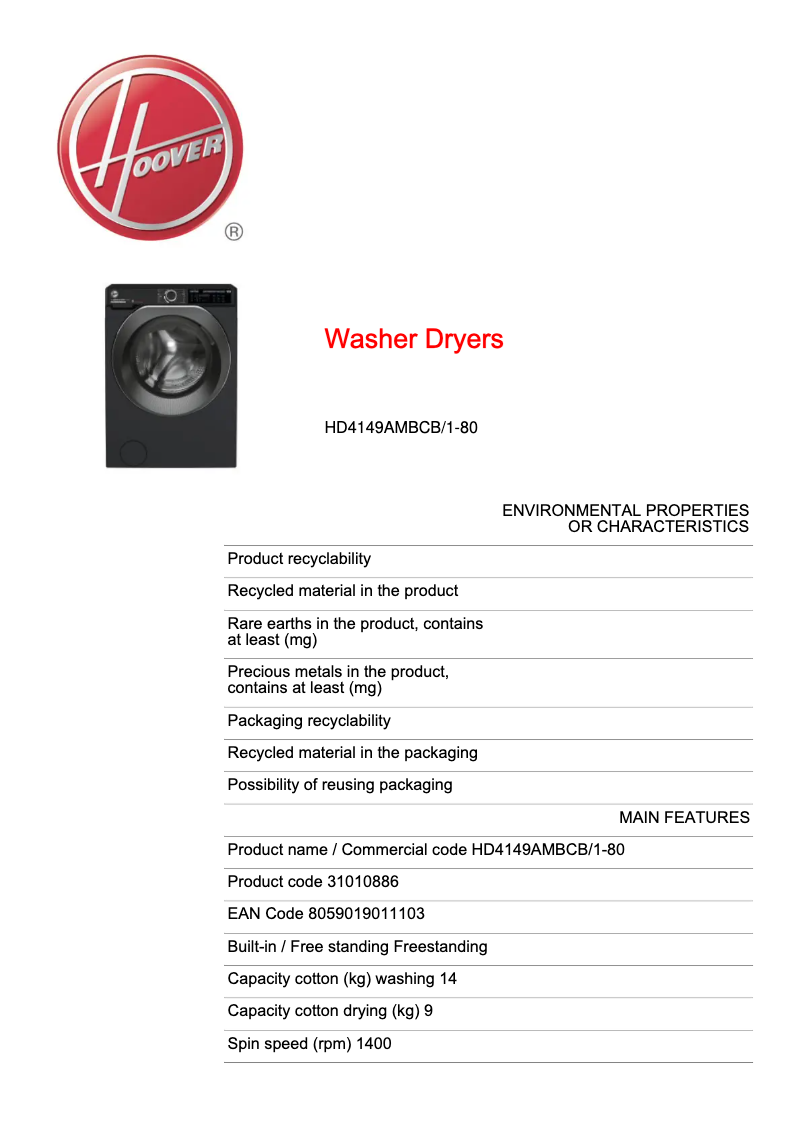 Page n°1 - Fiche technique Hoover H-WASH&DRY 500 HD4149AMBCB/1-80