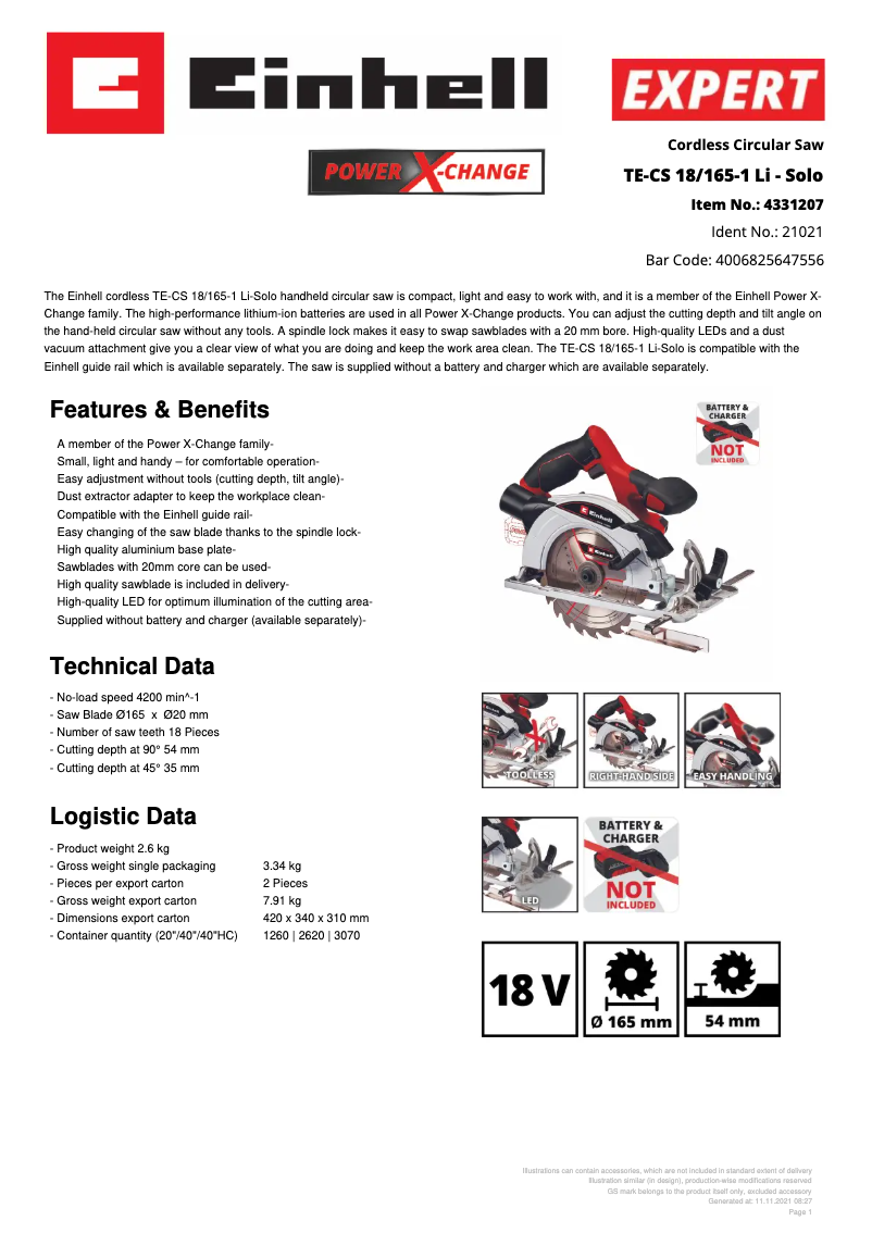 Página 1 del manual Ficha técnica Einhell TE-CS 18/165-1 Li