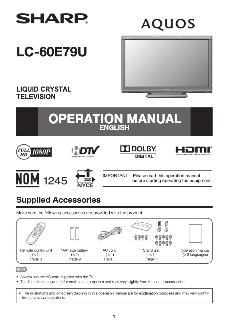 Page 1 de la notice Manuel utilisateur Sharp AQUOS LC60E79U