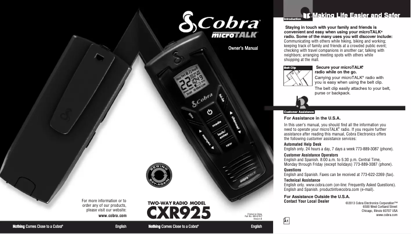 Page 1 de la notice Manuel utilisateur Cobra MicroTalk CXR925