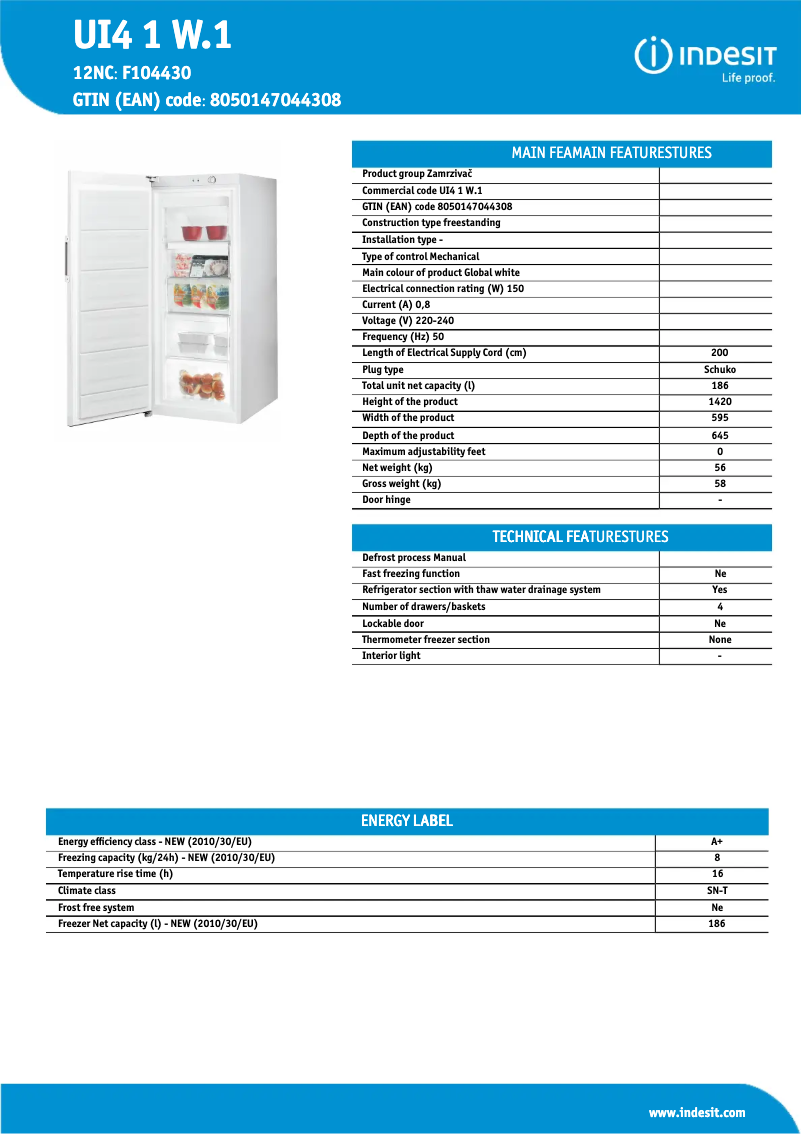 Page n°1 - Fiche technique Indesit UI4 1 W.1