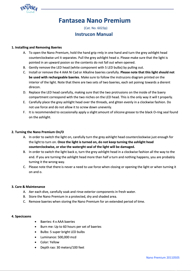 Page 1 de la notice Manuel utilisateur Fantasea Line Nano Premium