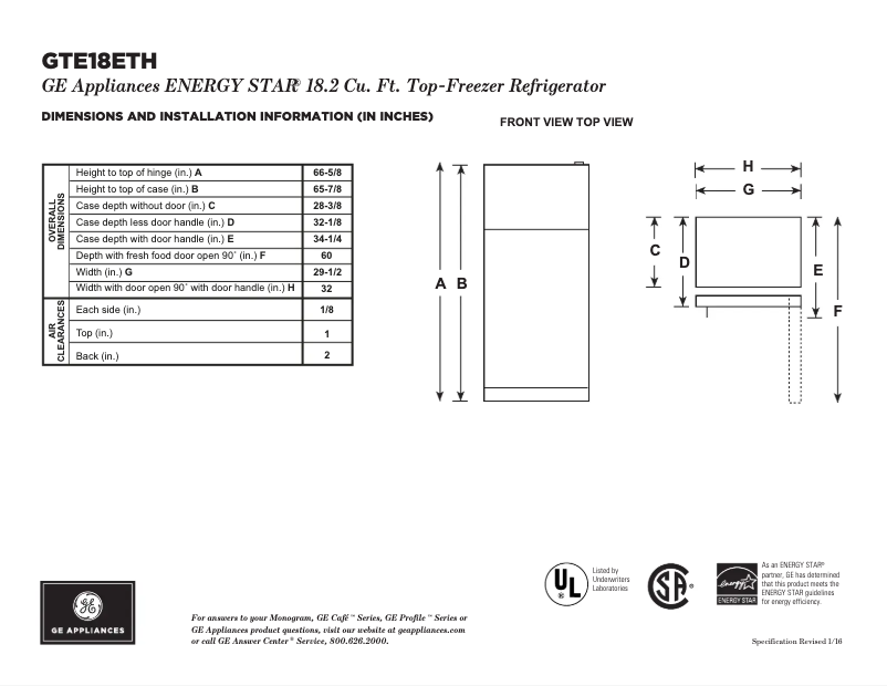 Page 1 de la notice Fiche technique GE GTE18ETHWW