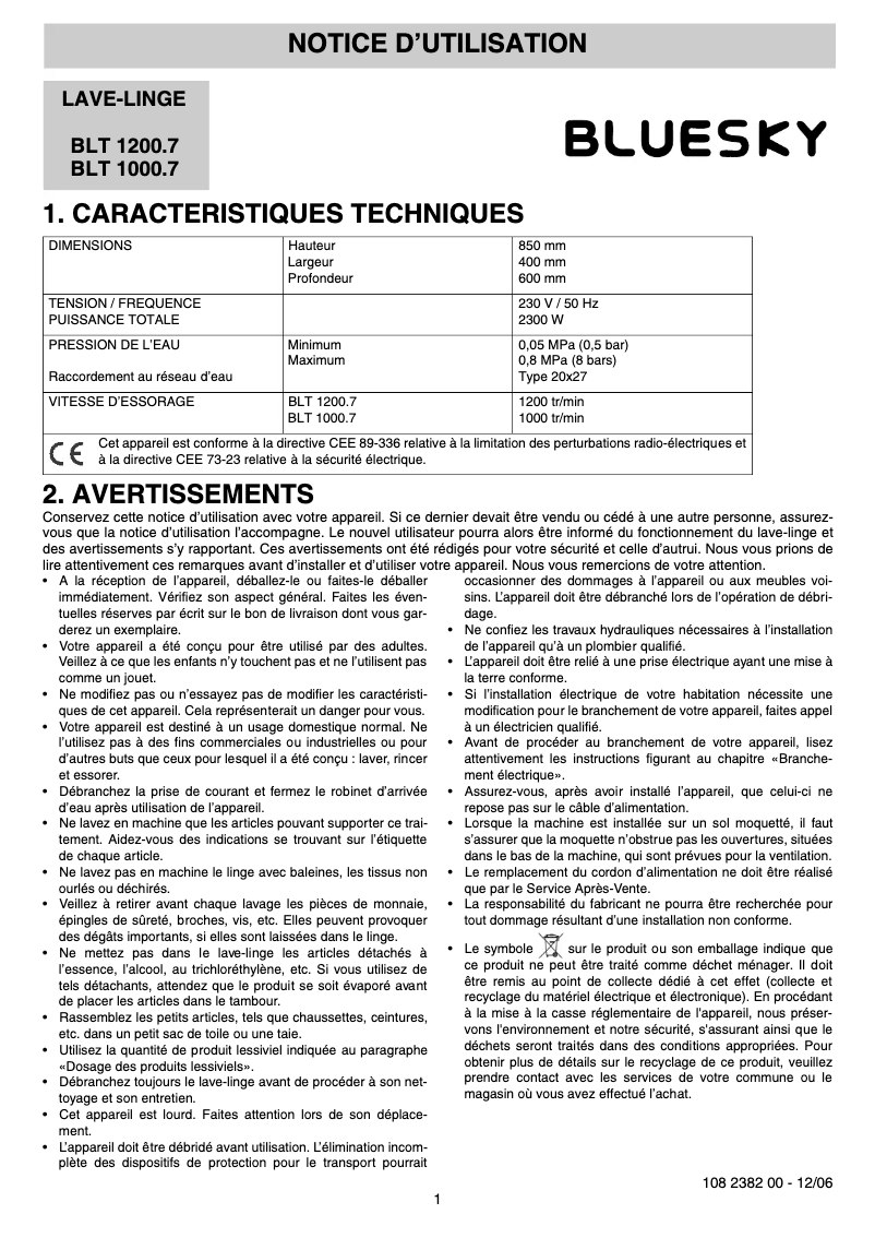 Page 1 de la notice Manuel utilisateur Bluesky BLT 1200.7