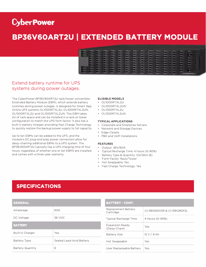 Page 1 de la notice Fiche technique CyberPower BP36V60ART2U
