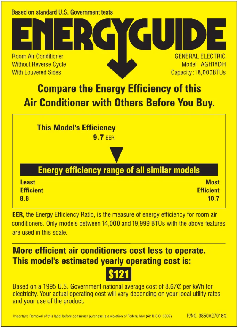 Page 1 de la notice Label énergétique GE AGH18DH