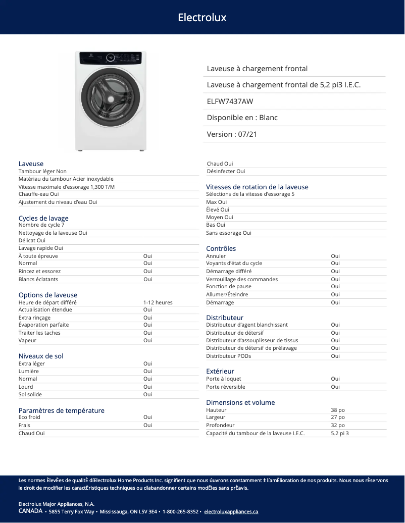 Page 1 de la notice Fiche technique Electrolux ELFW7437AW
