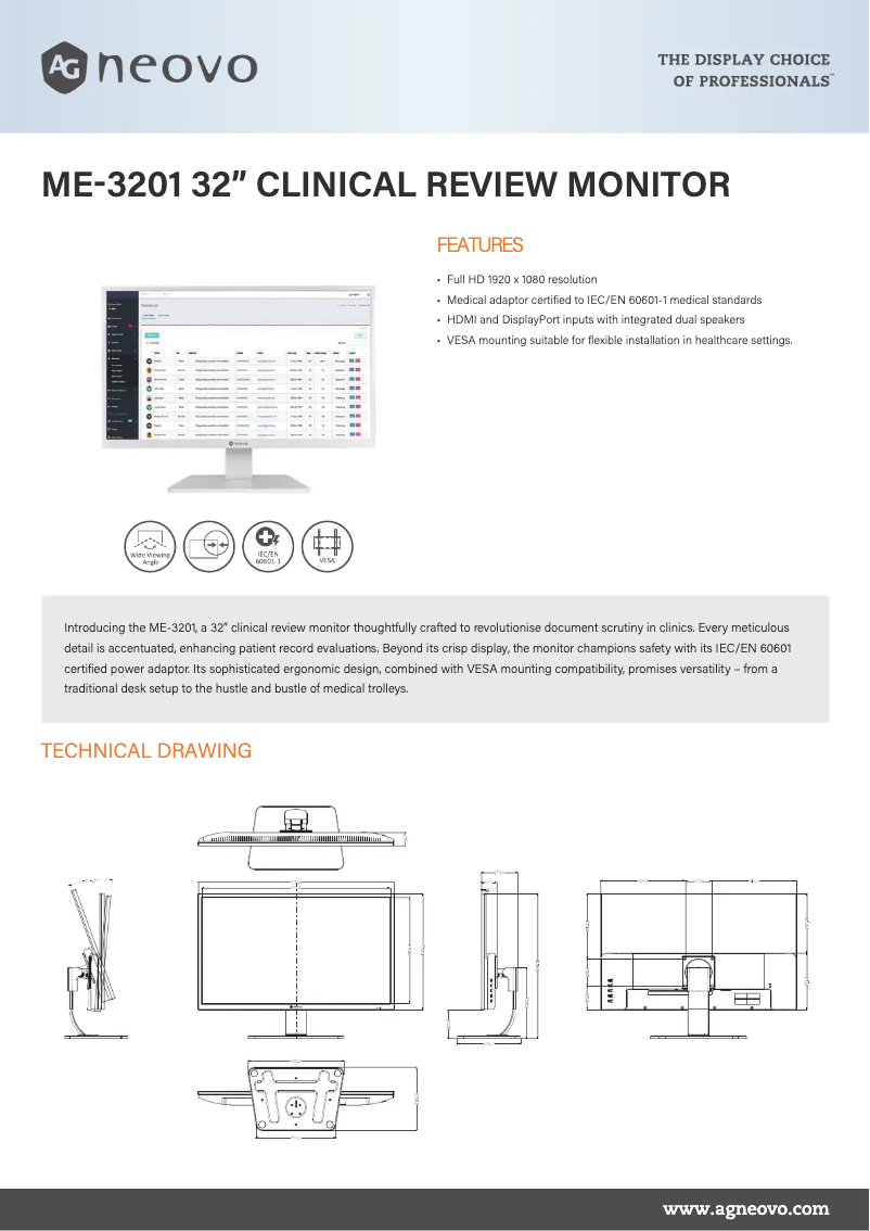 Page 1 de la notice Fiche technique AG Neovo ME-3201