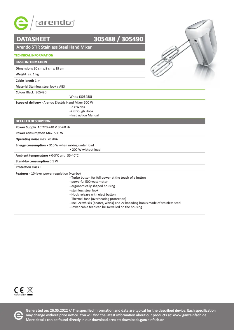 Page 1 de la notice Fiche technique Arendo Stir 305490