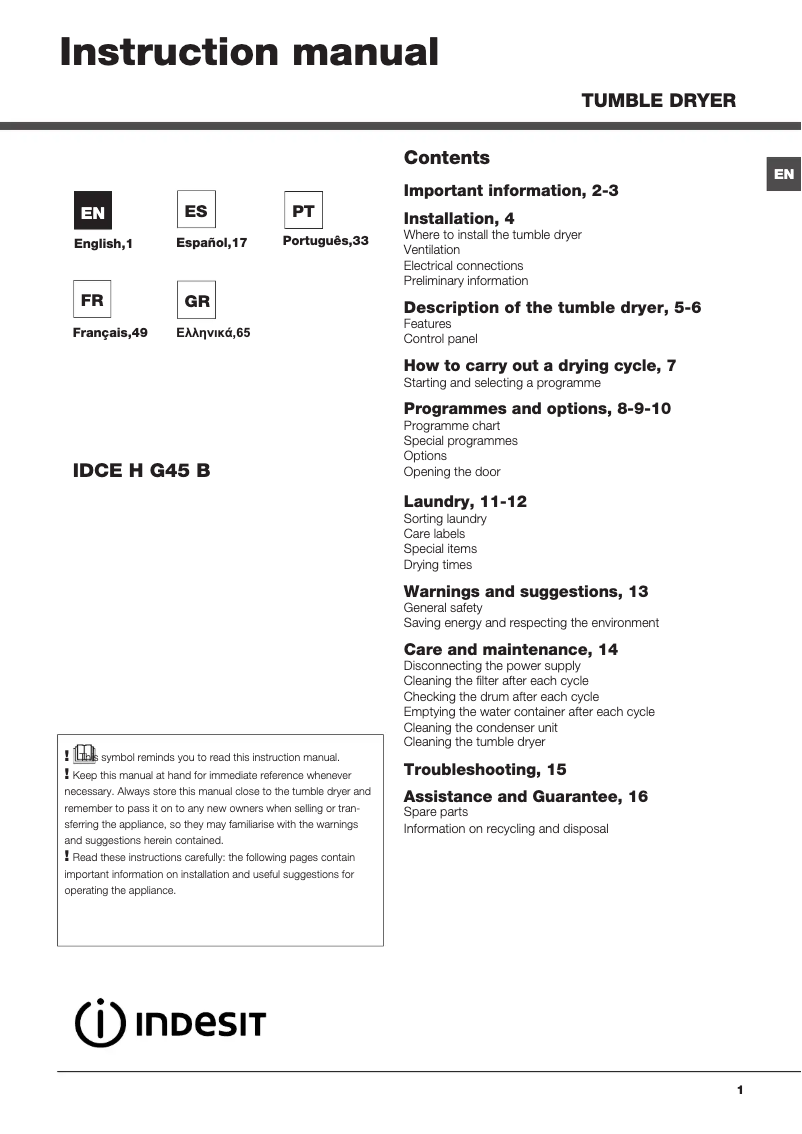 Imagen de la primera página del manual del dispositivo IDCE H G45 B