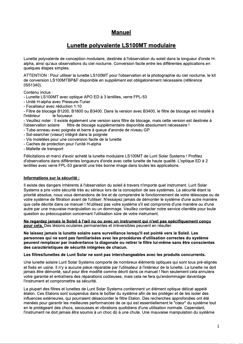 Page n°1 - Manuel utilisateur Lunt Solar Systems LS100MT