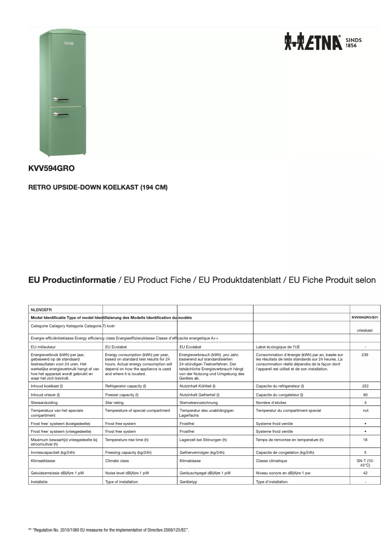 Page 1 de la notice Fiche technique Etna KVV594GRO