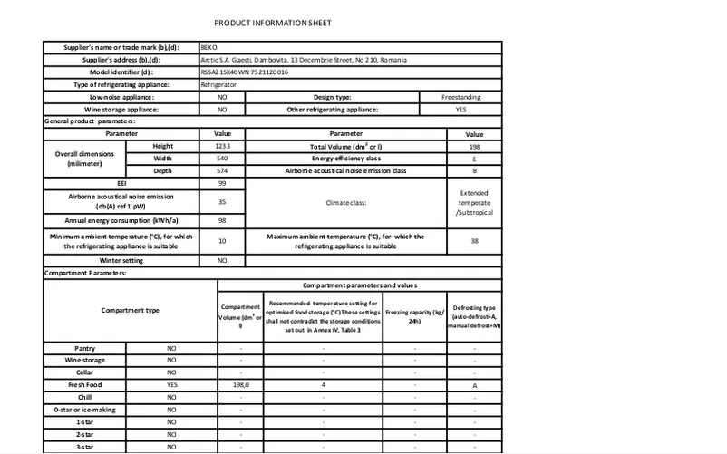 Page 1 de la notice Fiche technique Beko RSSA215K40WN