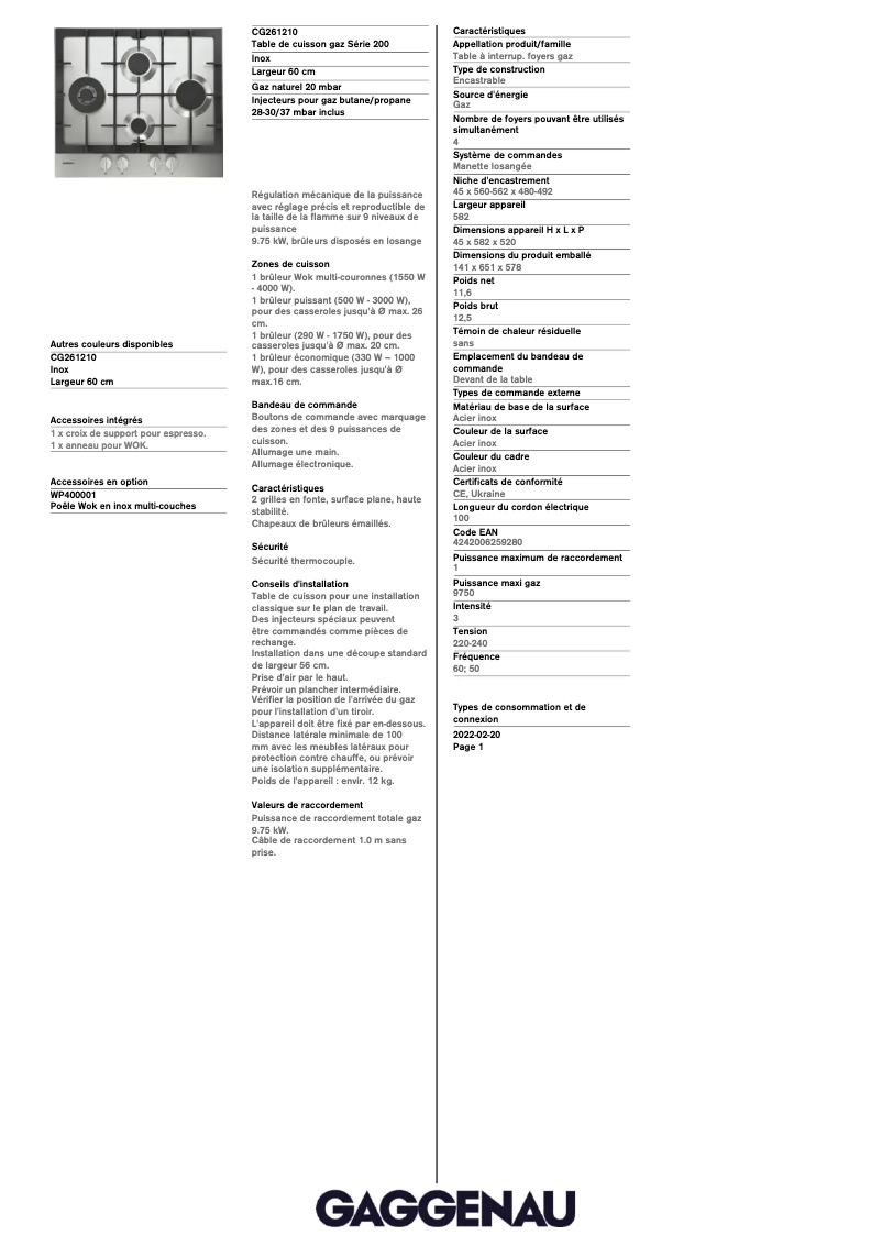 Page n°1 - Fiche technique Gaggenau CG261210