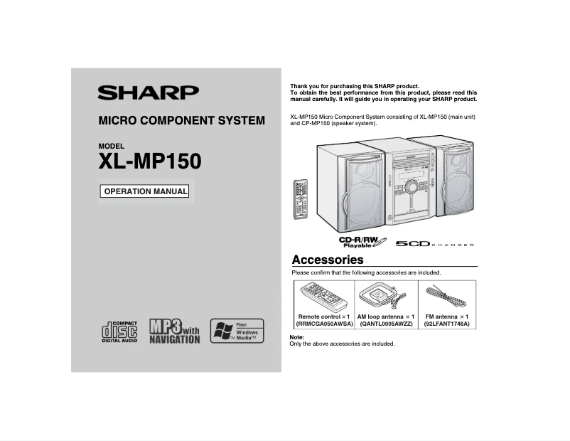 Page 1 de la notice Manuel utilisateur Sharp XLMP150