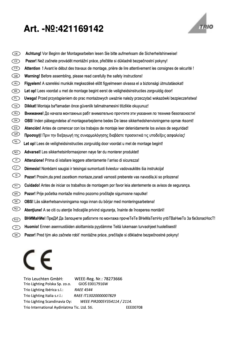 Page 1 de la notice Manuel utilisateur Trio Lighting Pearl