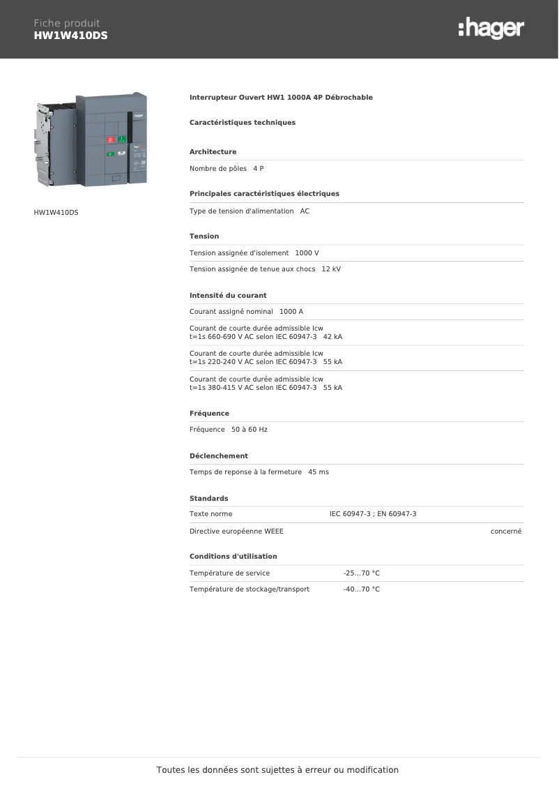 Image de la première page du manuel de l'appareil HW1W410DS