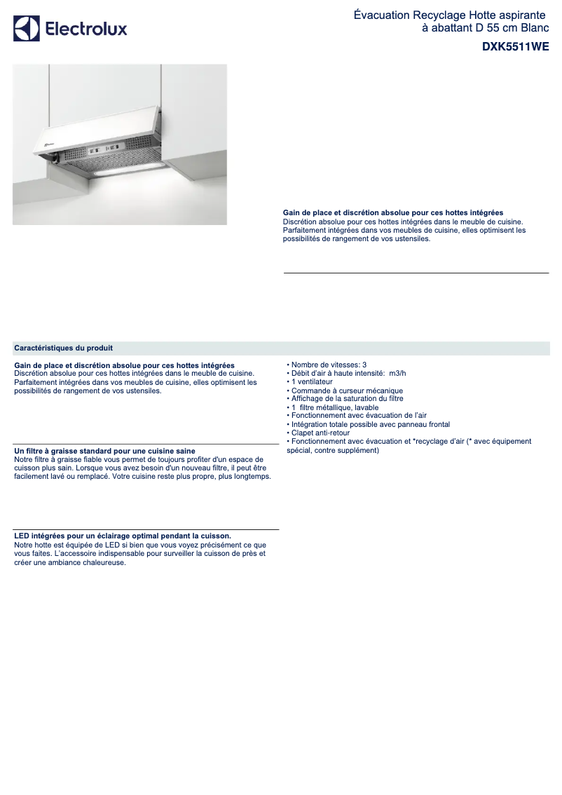 Page n°1 - Fiche technique Electrolux DXK5511WE