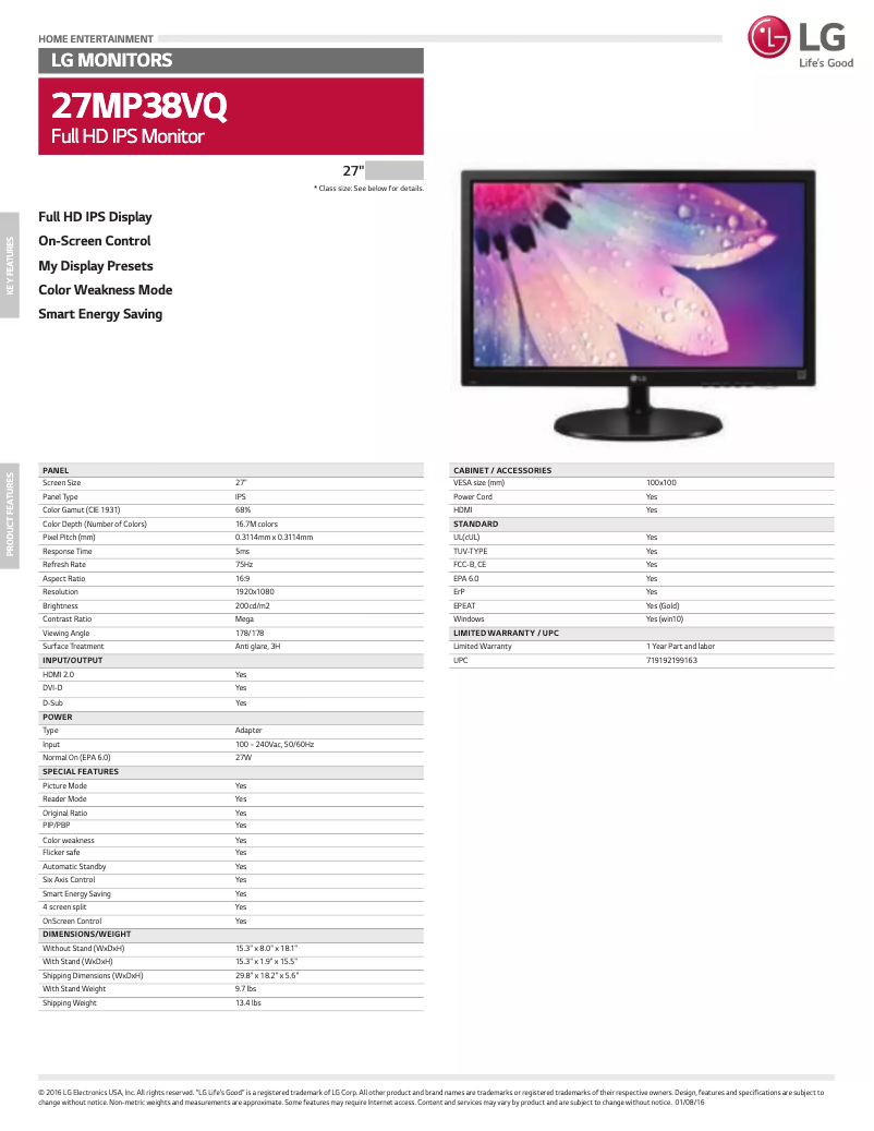 Page 1 de la notice Manuel utilisateur LG 27MP38VQ