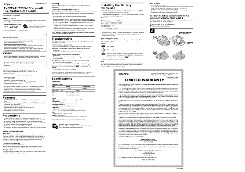 Page 1 de la notice Manuel utilisateur Sony SRF-M85V