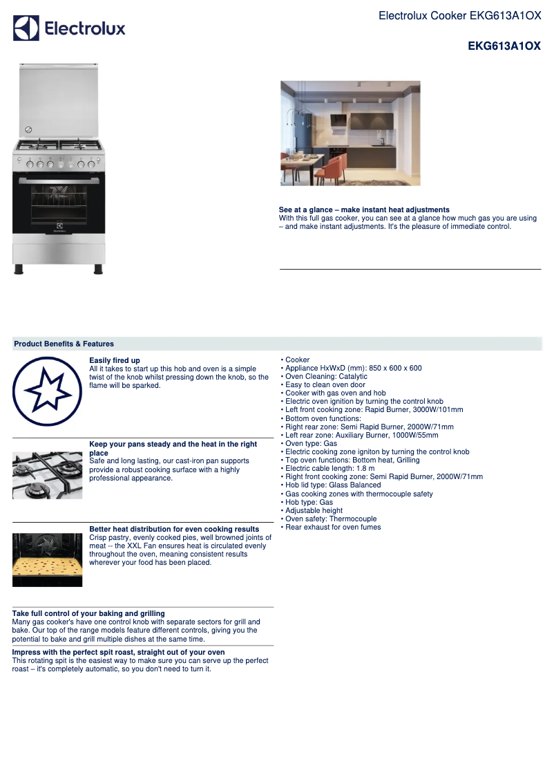 Page 1 de la notice Fiche technique Electrolux EKG613A1OX