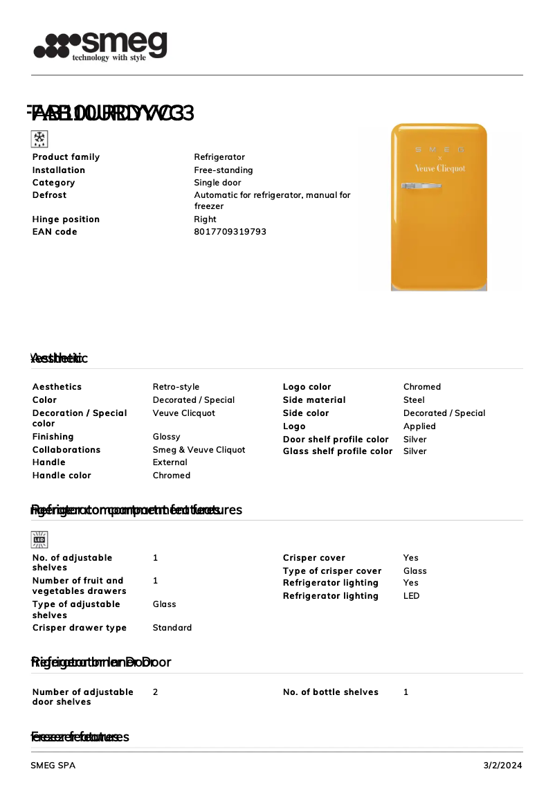 Page n°1 - Fiche technique Smeg FAB10URDYVC3